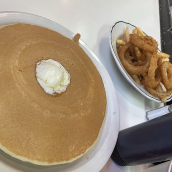 Junes Cafe - Pancakes and the order of frings which was like a combo side of fries and onion rings. - Breakfast & Brunch Near Me - Santa Ana, California