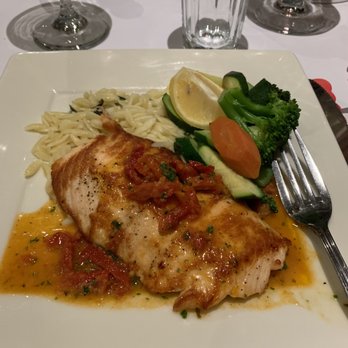 Trellis Restaurant - Grilled Salmon w/ a white wine sun-dried tomatoes sauce & orzo - Tuscan Near Me - Menlo Park, California Trellis Restaurant - Grilled Salmon w/ a white wine sun-dried tomatoes sauce & orzo - Tuscan Near Me - Menlo Park, California