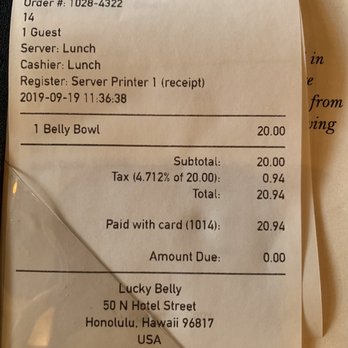 Lucky Belly - Total bill for one bowl - Bars Near Me - Honolulu, Hawaii Lucky Belly - Total bill for one bowl - Bars Near Me - Honolulu, Hawaii