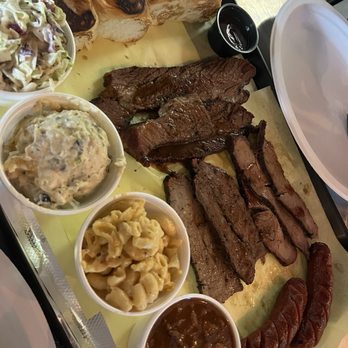 Bibs Ribs - Three Meats 4 Sides (brisket, tritip, sausage) (beans, mac, potato salad, coleslaw) comes with bread and 2 drinks - Barbeque Near Me - Whittier, California Bibs Ribs - Three Meats 4 Sides (brisket, tritip, sausage) (beans, mac, potato salad, coleslaw) comes with bread and 2 drinks - Barbeque Near Me - Whittier, California