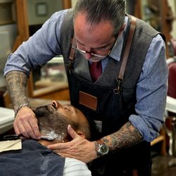 Cedar Park Barbershop - Dave with a straight razor shave