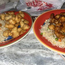 Hunan Palace - Left- Sweet n Sour chicken w/o veggies (sauce on side) Right- Yum Yum chicken w/o veggies