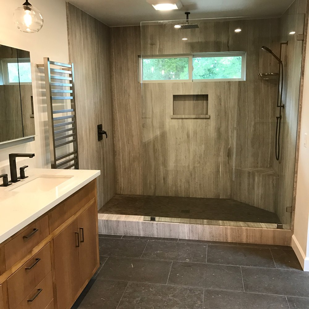 R LaBrie Construction - Walk in shower with floating glass wall and two shower heads - Handyman Near Me R LaBrie Construction - Walk in shower with floating glass wall and two shower heads - Handyman Near Me