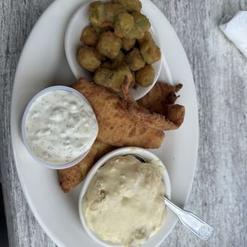 Damons Grill - Flounder, fried okra and banana pudding. - Seafood Near Me - Myrtle Beach, South Carolina Damons Grill - Flounder, fried okra and banana pudding. - Seafood Near Me - Myrtle Beach, South Carolina