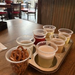 Complimentary Pretzels with their Specialty Flight - Chata, Watermelon, Passion Fruit, Caramel Apple, Apple Rita, and Orchard Mule