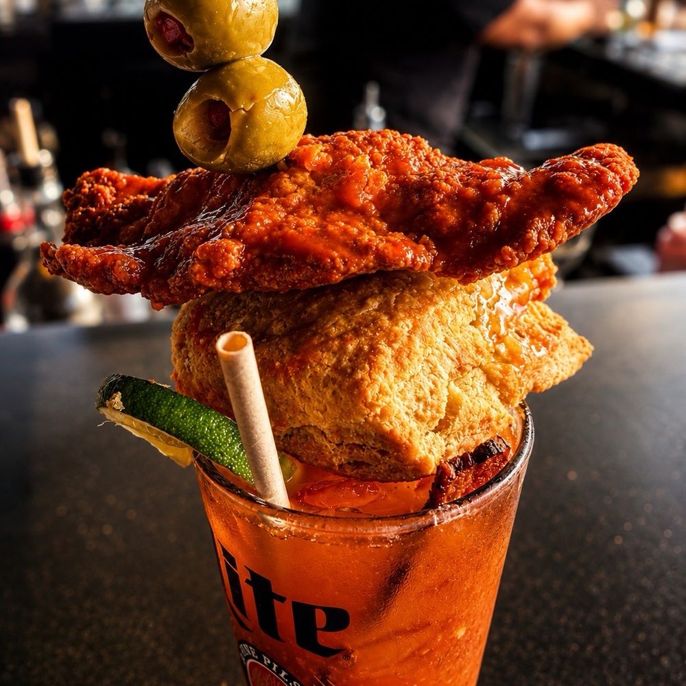 Charlie’s Place - Famous Bloody Mary with Nashville hot chicken biscuit and candied bacon. - Cocktail Bars Near Me - Fort Wayne, Indiana Charlie’s Place - Famous Bloody Mary with Nashville hot chicken biscuit and candied bacon. - Cocktail Bars Near Me - Fort Wayne, Indiana