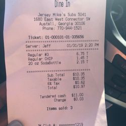 Jersey Mike's Subs - Jeff on the receipt but I was told his name is John...