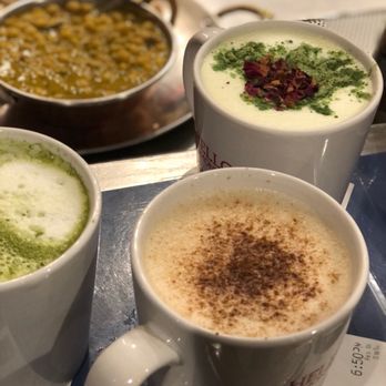 Remedy Cafe - Chai, Kashmiri Chai, Matcha Latte and in the back Chana Masala - Cafes Near Me - Edmonton, Alberta