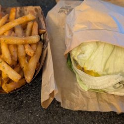 Fiamma Burger - Lettuce wrap burger and garlic fries.