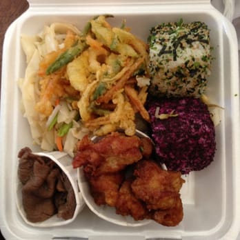 Fukuya - Items, going clockwise - chow funn, vegetable tempura, furikake musubi, shiso musubi, garlic chicken, & beef teriyaki. - Japanese Near Me - Honolulu, Hawaii
