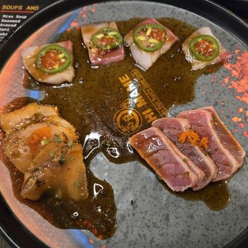 Yoshi Mame - Peppered salmon, Yellowtail jalapeño, and tuna tataki - Sushi Bars Near Me - Albuquerque, New Mexico