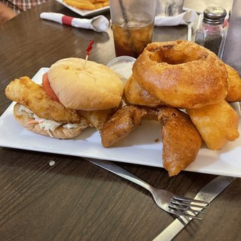 Shea'Nanigans - Fish sandwich w onion rings - Bars Near Me - Hudson, Michigan Shea'Nanigans - Fish sandwich w onion rings - Bars Near Me - Hudson, Michigan