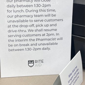 Rite Aid - a sign stating that pharmacy will close daily between 130 - 2pm - Drugstores Near Me - Laurel Springs, New Jersey Rite Aid - a sign stating that pharmacy will close daily between 130 - 2pm - Drugstores Near Me - Laurel Springs, New Jersey