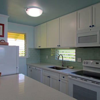 Kapaa Sands - Oceanfront Unit 9 Kitchen... Love this kitchen - from the glass tiles to the SPA colors... so serene!!  Hulanow.com - Resorts Near Me - Kapaa, Hawaii