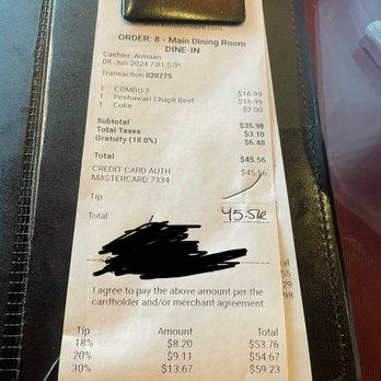 Kebab House - Note the gratuity and the suggested tip - Afghan Near Me - Hicksville, New York