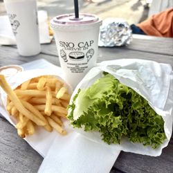 Lettuce wrapped cheeseburger, fries, marionberry/banana shake