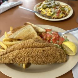 Dane's Country Store - Fish plate with French fries salad. Yummy. Beef enchiladas