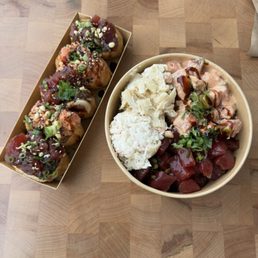 Poke bombs (spicy ahi & garlic crunch), large bowl (spicy ahi, shoyu ahi, crab salad mac salad). Poke bombs (spicy ahi & garlic crunch), large bowl (spicy ahi, shoyu ahi, crab salad mac salad).