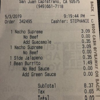 Taco Bell - Receipt: Remove beef from the nachos, still get charged EXTRA for jalapeños!? Going to Del Taco next time. - Fast Food Near Me - San Juan Capistrano, California Taco Bell - Receipt: Remove beef from the nachos, still get charged EXTRA for jalapeños!? Going to Del Taco next time. - Fast Food Near Me - San Juan Capistrano, California