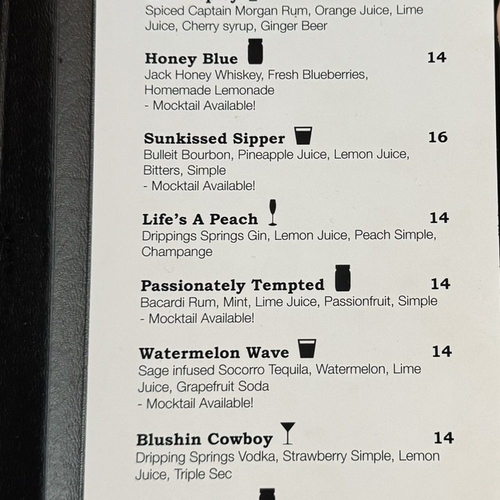 The Water Trough - Cocktail menu- they also have beer and wine. - Comfort Food Near Me - Austin, Texas The Water Trough - Cocktail menu- they also have beer and wine. - Comfort Food Near Me - Austin, Texas