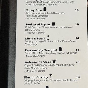 The Water Trough - Cocktail menu- they also have beer and wine. - Comfort Food Near Me - Austin, Texas
