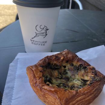 Venture Coffee - almond milk latte and mushroom béchamel pastry - Coffee & Tea Near Me - Seattle, Washington