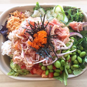 Poke Bistro - Regular Poke Bowl. Half Salad/Brown Rice. Everything except Jalapeños and Pineapple. Spicy Salmon, Ahi Tuna, and Salmon. Bomb!!! - Seafood Near Me - Riverside, California