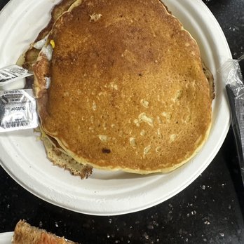 Bronx Bagels & Deli - Buttermilk Pancakes with egg fried from the grill I suppose - Bagels Near Me - Deerfield Beach, Florida
