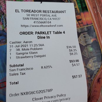 El Toreador Restaurant - Receipt - Mexican Near Me - San Francisco, California El Toreador Restaurant - Receipt - Mexican Near Me - San Francisco, California