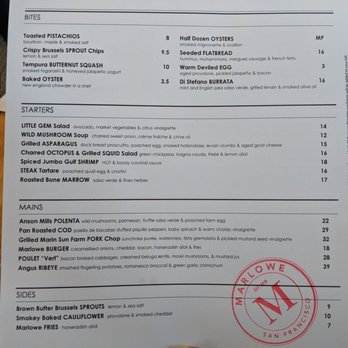 Marlowe - Dinner menu. Sat 2018-05-12 - Diners Near Me - San Francisco, California Marlowe - Dinner menu. Sat 2018-05-12 - Diners Near Me - San Francisco, California