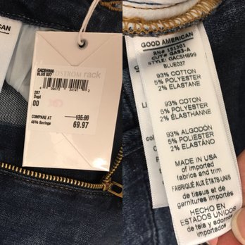 Nordstrom Rack - Good American shorts. Size 00/24. 93% Cotton 5% Polyester 2% Elastane. Made in USA. $69.97 - Department Stores Near Me - New York, New York Nordstrom Rack - Good American shorts. Size 00/24. 93% Cotton 5% Polyester 2% Elastane. Made in USA. $69.97 - Department Stores Near Me - New York, New York