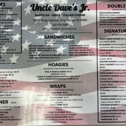 Uncle Dave's Jr - Front of Menu Sep 2023