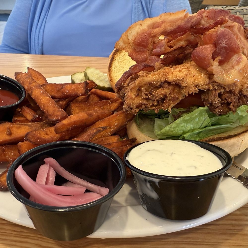 Juniper on Main - CBR (bacon ranch) Chicken Sandwich with ranch on the side. Sweet potato fries. - Southern Near Me - Carmel, Indiana Juniper on Main - CBR (bacon ranch) Chicken Sandwich with ranch on the side. Sweet potato fries. - Southern Near Me - Carmel, Indiana