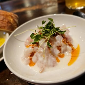 Casa Mono - Fluke Crudo- Coconut leche de tigre and carrot conserva. $22. Less spicy than I'd like but tasty - Spanish Near Me - New York, New York