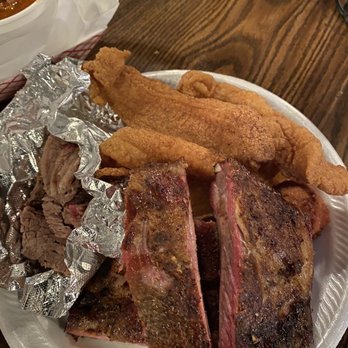 Hank's Catfish & BBQ - Combo plate with catfish, rib, brisket - Southern Near Me - Tampa, Florida