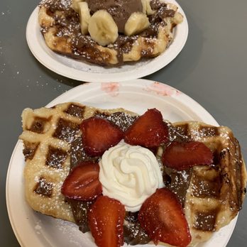 Little Gem Belgian Waffles - Waffle 1 - Nutella, strawberry, cream Waffle 2 - Nutella, banana, chocolate ice cream - Desserts Near Me - Berkeley, California Little Gem Belgian Waffles - Waffle 1 - Nutella, strawberry, cream Waffle 2 - Nutella, banana, chocolate ice cream - Desserts Near Me - Berkeley, California