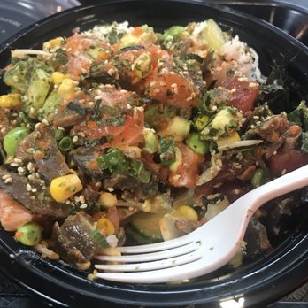 Local Poke - Large bowl w/ ahi & salmon, 2 sides of imitation crab. All the veggies + avocado + sweet mayo. Base is 1/2 white rice & 1/2 cucumber - Poke Near Me - Pleasanton, California