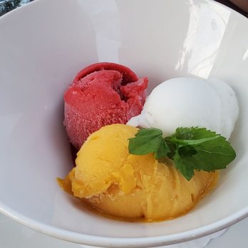 Thyme - A white ceramic bowl holds three scoops of sorbet in red, white, and yellow, garnished with a small sprig of mint. The bowl is placed on a table with a textured surface, and part of a person's hand and arm are visible in the background. The sorbets appear smooth and are served as a dessert. - New American Near Me - Roslyn, New York
