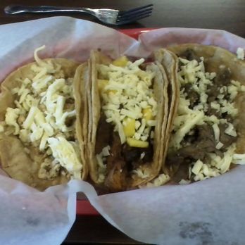Los Compadres Mexican Taqueria - Chicken, pork and pineapple and carnitas tacos with added cheese. - Mexican Near Me - Batavia, New York