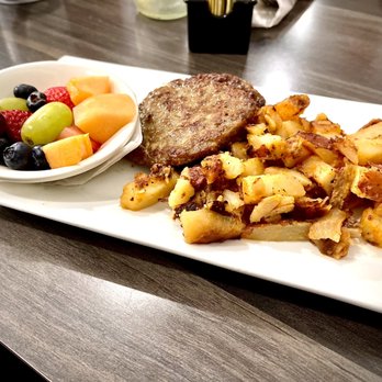 Brick House Diner - Sides with Belgium waffle combo I chose: fruit vs eggs, Sausage Patties & home fries - Seafood Near Me - Virginia Beach, Virginia