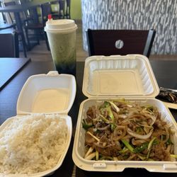 Mongolian Beef w/ White Rice + Green Thai Tea (The Mongolian Beef has a lot of onions)