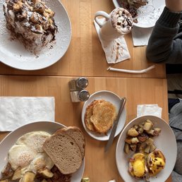 Starting at top left is King , Oreo French Toast , Corn Beef Hash, & Eggs Benedict. Also Hot Chocolate and Peanut Butter Truffle.