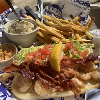 Pinchers - The sautéed shrimp Po Boy with bacon and fries and garlic mashed potatoes. Yum! Be sure to put the sauce on the Po boy. - Seafood Near Me - Lakewood Ranch, Florida Pinchers - The sautéed shrimp Po Boy with bacon and fries and garlic mashed potatoes. Yum! Be sure to put the sauce on the Po boy. - Seafood Near Me - Lakewood Ranch, Florida