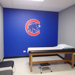 Elite Sports Medicine Institute - Our privatized examination room, featuring the Chicago Cubs logo, for the safety of the patient.
