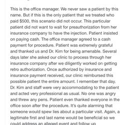 Jason Kim, MD - Pacific Pain Specialists - Response from his clinic/office manager