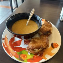 Supreme Beans Coffee Shop - Pumpkin soup and croissant with turkey bacon and cheese.