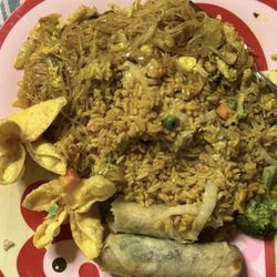 Pancit, vegetable fried rice, spring rolls, and Crab Rangoon.