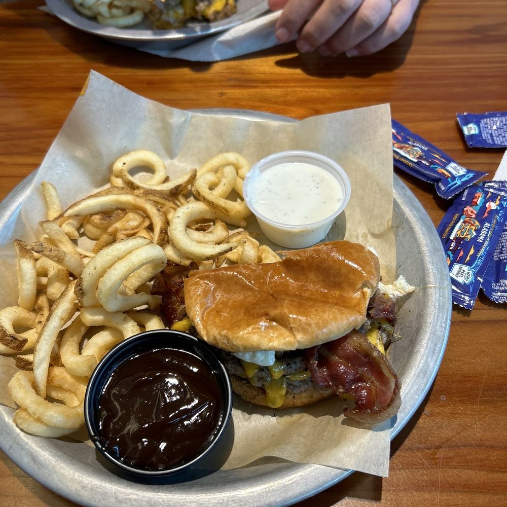 Build your own double bacon cheddar cheeseburger with curly fries Build your own double bacon cheddar cheeseburger with curly fries