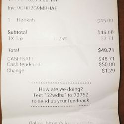 Emit Cigars - Hookah is $45 PLUS tax. This was on a Friday.