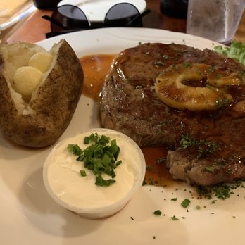 Duffy's Steak & Lobster House - Duffy's Rib Eye Steak overly-marinated in teriyaki sauce. And why the pineapple? Ugh. - American Near Me - Key West, Florida Duffy's Steak & Lobster House - Duffy's Rib Eye Steak overly-marinated in teriyaki sauce. And why the pineapple? Ugh. - American Near Me - Key West, Florida